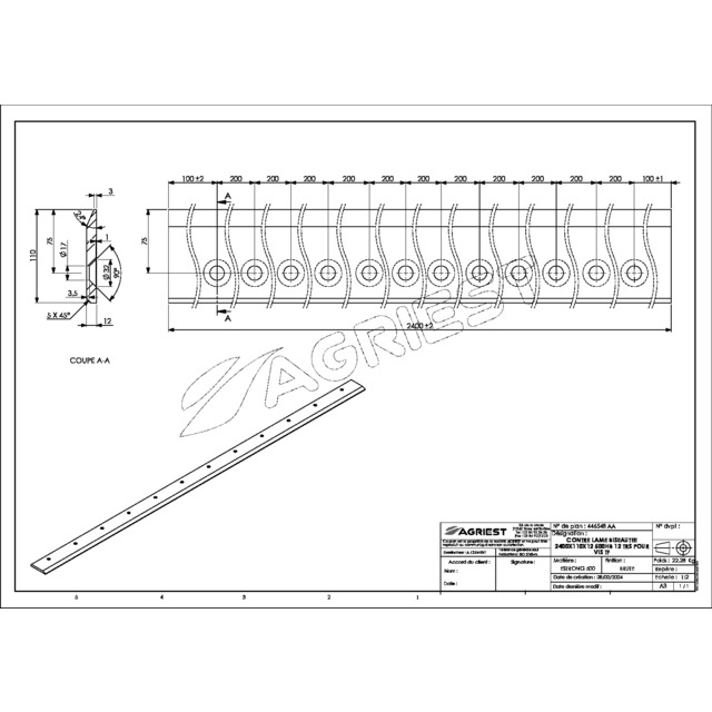 Contre Lame 110X12 LG 2400 500HB 12 TRS pour VIS TFØ16 EA 200 référence fournisseur 446548